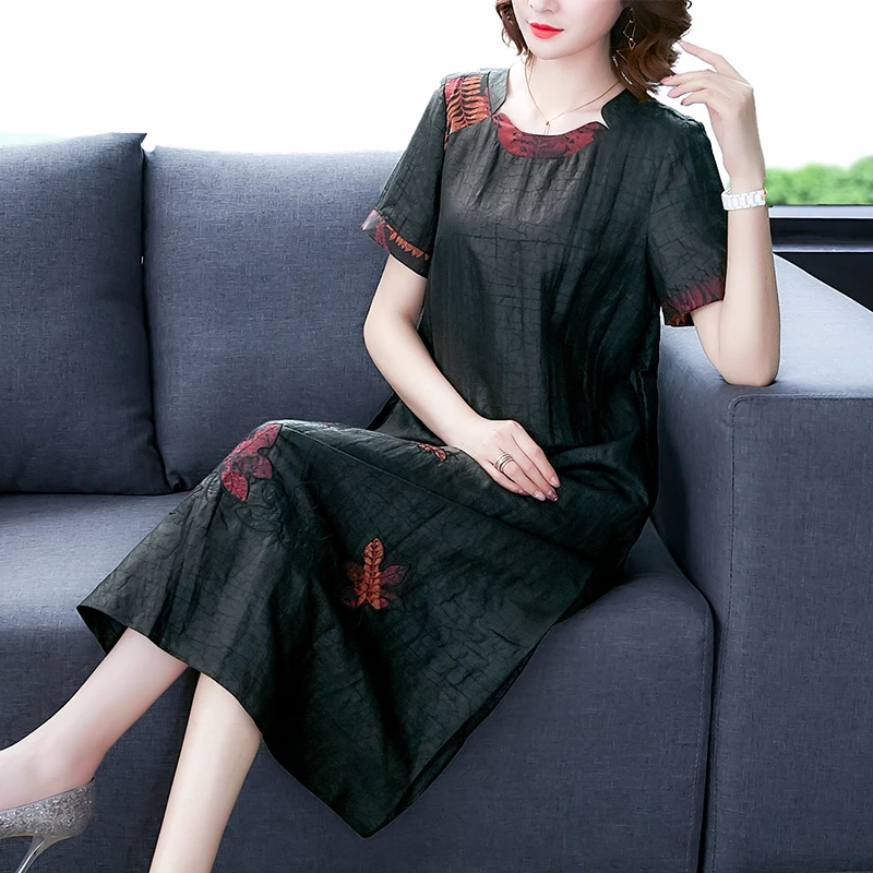 

QPFJQD Female Elegant Chiffon Soft Silk Dress Vintage Stand Collar Women Dresses Casual Patchwork Printed Ladies Midi Vestidos