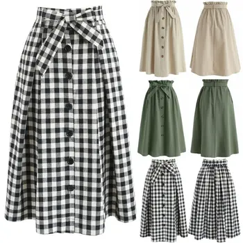 

2019 New Womens Vintage Skirts Plaid Solid Button Down Front Split Midi Skirt High Waist Loose Skirt Sundress A-line Party S-XXL