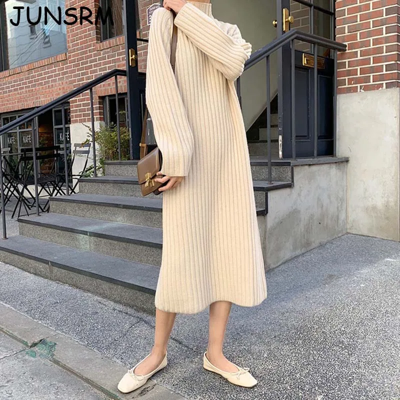 

One-Piece Female Turtleneck Knitted Sweater Dress Women Autumn Korean Slim Pullover Dress Winter Office Knit Sweater Midi Dress