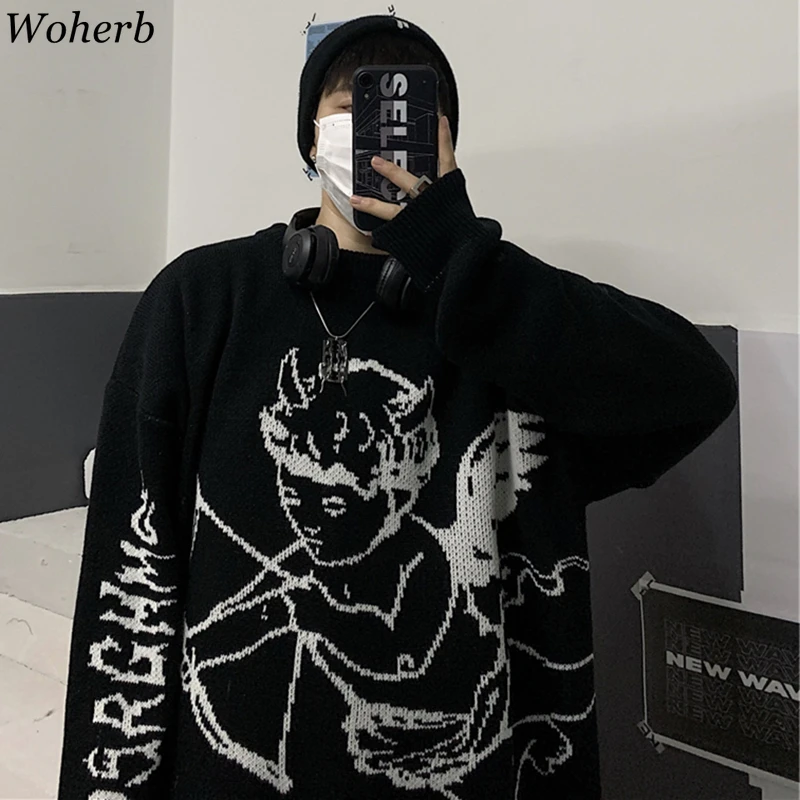 Woherb-suéteres de punto para mujer, ropa de calle con estampado de Ángel, moda de Hip-Hop, Vestimenta de gran tamaño Harajuku, primavera y otoño