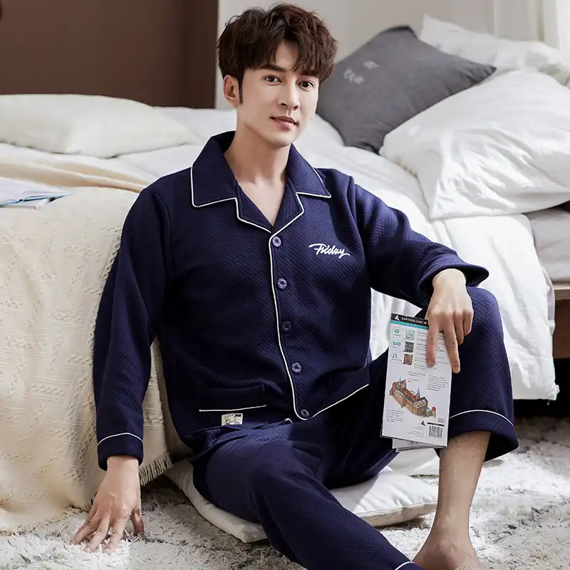 طقم بيجاما رجالي 100 قطن سميك شتاء كم طويل أزرق كحلي بدلة بيجاما رجالية خريفي ملابس نوم ياقة بيجاما ملابس نوم رجالية 3xl Aliexpress