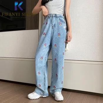 

Cartoon Embroidery Jeans Women Fashion High waist Jeans Loose Plus Size Denim Wide Leg Pants Long Trousers Lady Straight Jeans