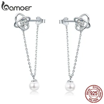 

BAMOER Fashion Genuine 925 Sterling Silver Line Wave Geometric Long Chain Drop Earrings for Women Sterling Silver Jewelry SCE288
