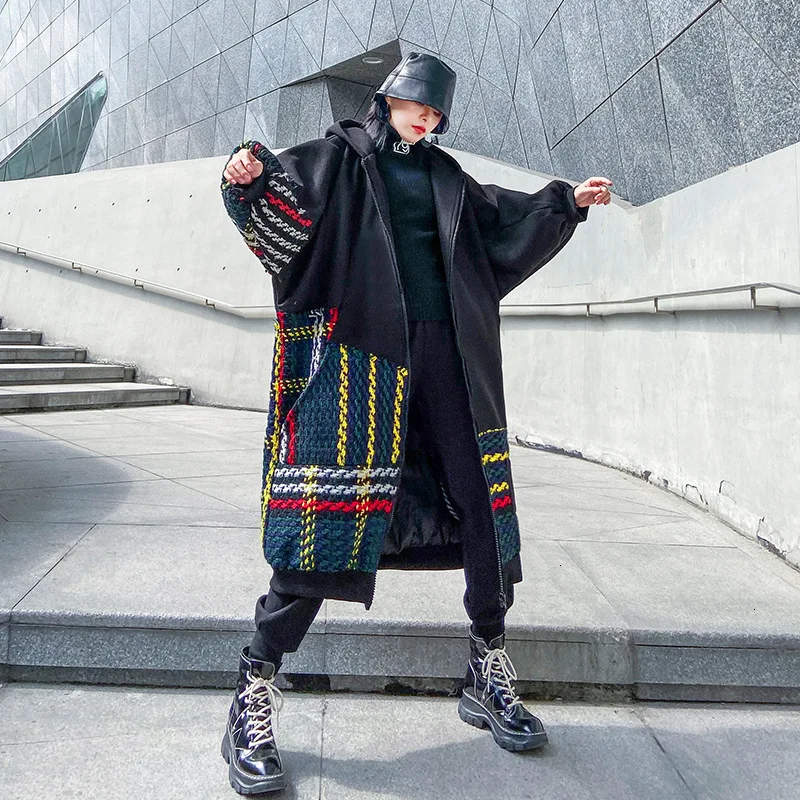 QING MO, зимнее женское пальто с капюшоном,, женское вязаное лоскутное пальто, черная женская уличная одежда, свободная верхняя одежда, индивидуальная, ZQY2452
