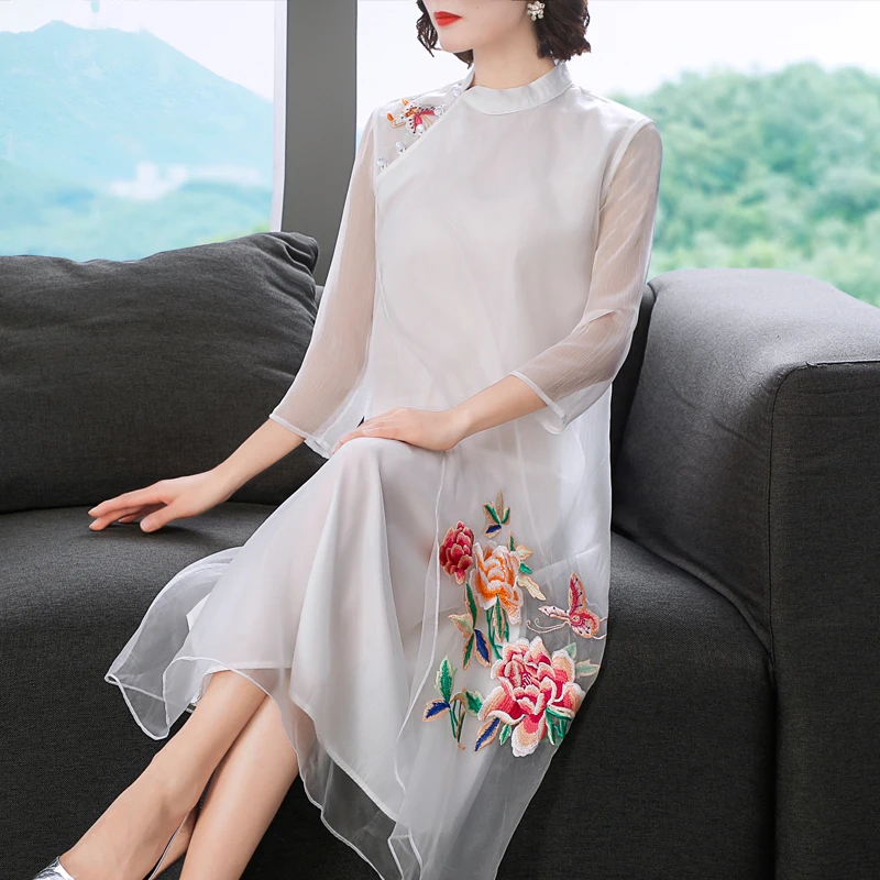 

Vintage Spring Summer Womens Female White Yellow 3/4 Sleeve Embroidery Cheongsam Dress , 3xl Chipao Dresses for Woman