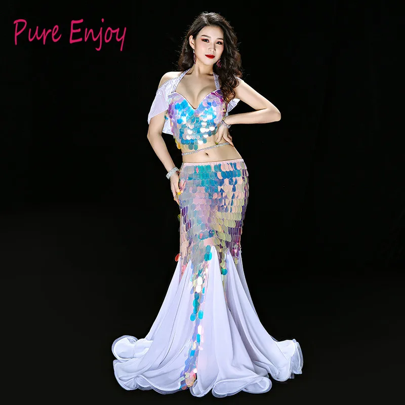 

White Pink Princess Fishtail Belly Dance Performance Costume Bling Bling Sequin Shine Team Dance Luxury Outfit Bra Long Skir