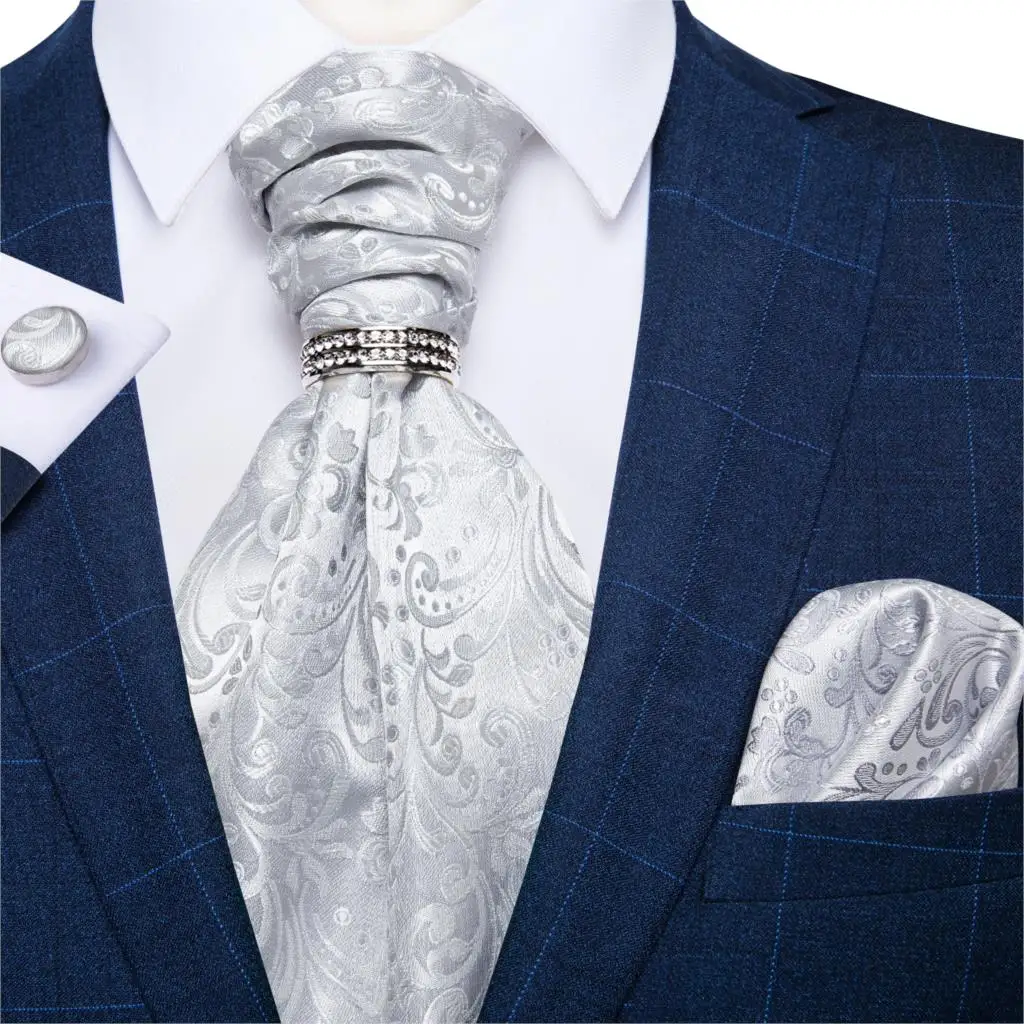 DQT Woven Paisley Silver Formal Wedding Pre-Tied Mens Cravat 