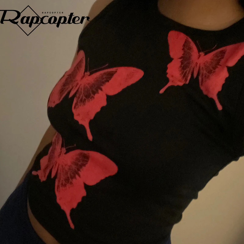 Rapcopter Butterfly y2k Printed Tank Tops Vintage Corset Top Sleeveless O Neck Crop Women Summer Skinny Camis 90s Harajuku | Женская