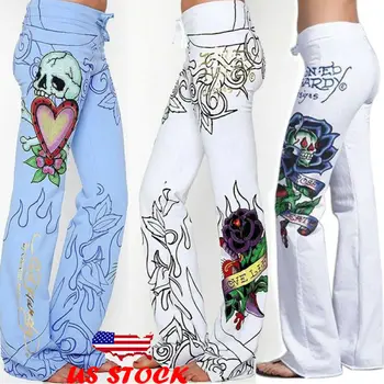

Plus Size Fashion Women Loose Skull Rose Printed Pants Hippie Wide Leg Boho Trousers 2020
