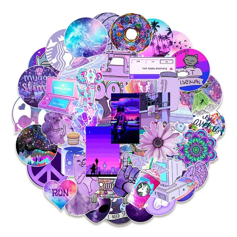 Pegatina de Graffiti de estilo morado, 50 Uds., impermeable, dibujos animados, para ordenador portátil, teléfono, equipaje, bicicleta, pegatinas de pared, juguetes para monopatín