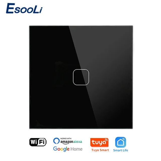 EsooLi Tuya Smart Life Glass Panel EU/UK Standard Touch Switch Zero/Single Fire Line Voice Control Light Wireless Wall Switch WIFI Black 1 Gang