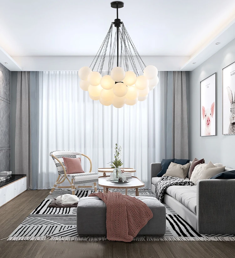 Nórdico de Bola de Vidro Luminária de Teto Dourada e Preta Lustre Suspensa Moderno 5 Luzes e Iluminação