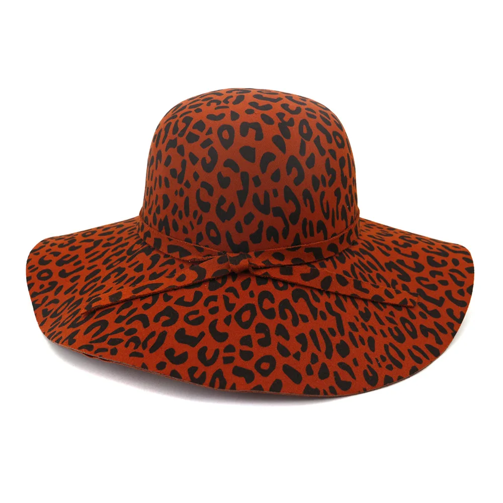 QBHAT Wide Wave Brim Artificial Wool Felt Fedora Hats Leopard Printting Women Floppy Hat Fashionable Female Dress Hat Sun Cap 2
