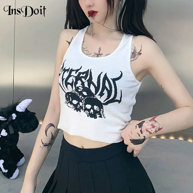 

InsDoit Gothic Skull Print White Tank Tops Harajuku Streetwear Bodycon Basic Tanks Women Punk O Neck Sleeveless Crop Tops