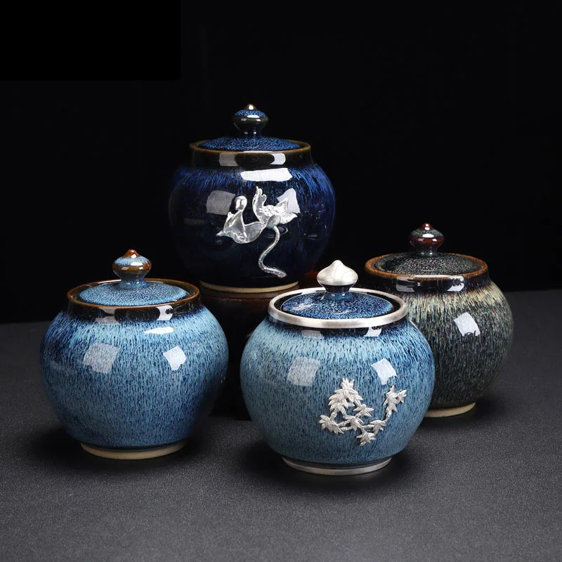 

Gilded Silver Tianmu Glaze Ceramic Tea Organizer Chinese Vintage Kiln Change Tea Leaves Storage Canisters Living Room Decoration