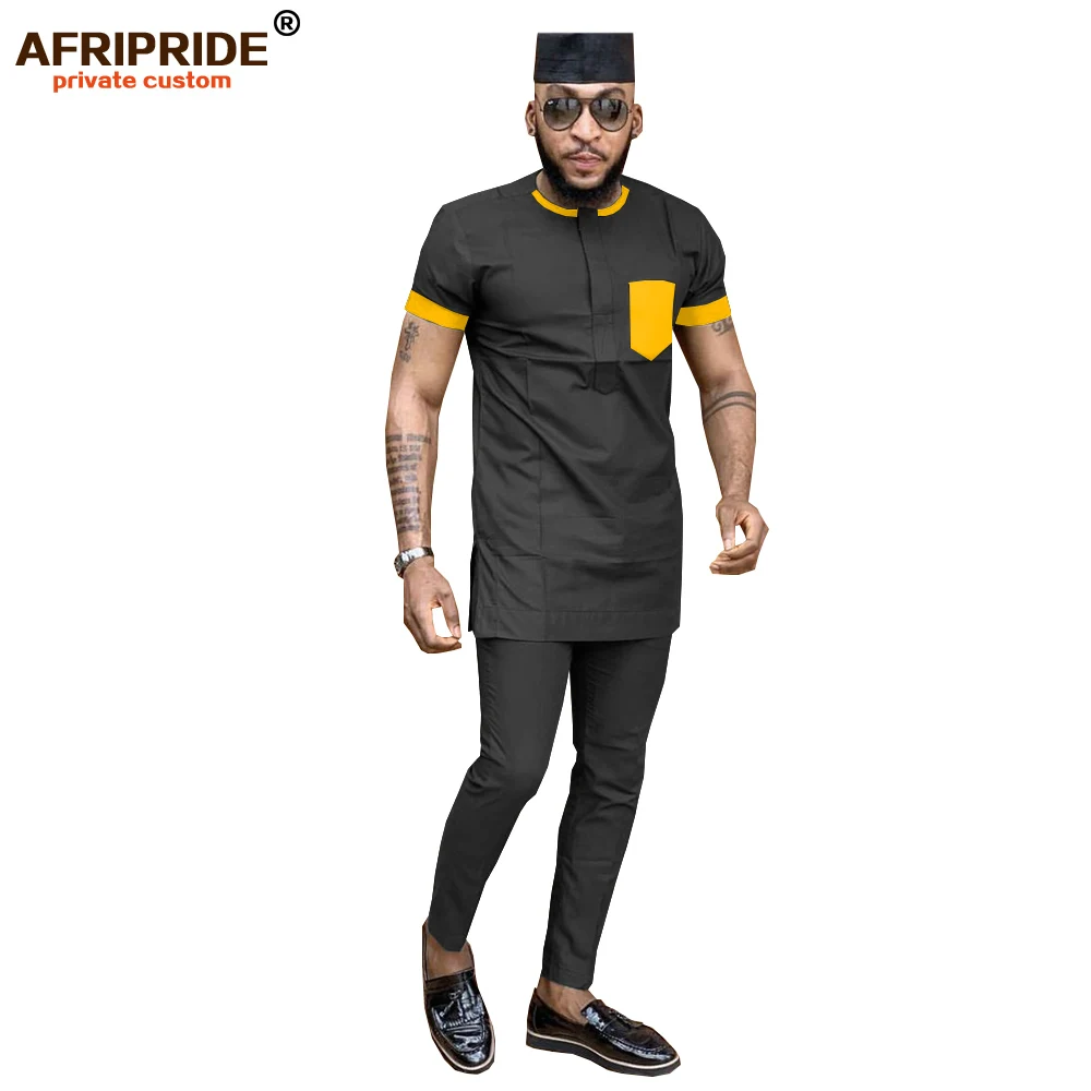 Африканская мужская одежда с принтом Дашики, 3 предмета, рубашки с коротким рукавом, брюки из Анкары, комплект с Племенной шляпой, спортивный костюм AFRIPRIDE A1916014 - Цвет: 12.10