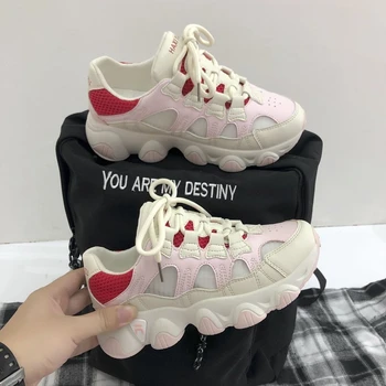 

2020 Women Fashion Sneakers Chunky Platform Tenis Female Sports Casual Shoes Lacing Designers Pink Vulcanized Shoes Woman 5cm