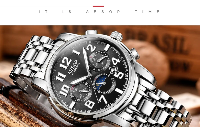 AESOP 9015 Automatic Mechanical Watches Watch for Men Date Month and Week Display Waterproof Male Wrist Watch Men reloj hombre