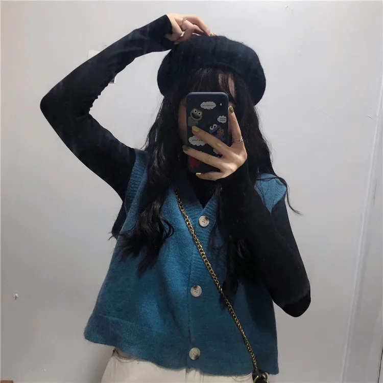 Autumn Women Solid Color Sweater Cardigan Vest Loose Wearing A Small Korean New Knitted Cardigan Single-breasted Women Vest