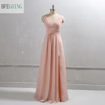 

Pink Chiffon V-Neck Sleeveless Slit Floor-Length A-line Formal Bridesmaid dress