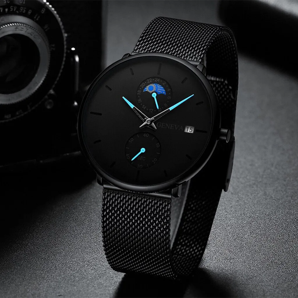 Мужские современные модные черные кварцевые часы светящаяся указка Reloj календарь сетка с часами модные мужские часы Relogio Masculino# D4