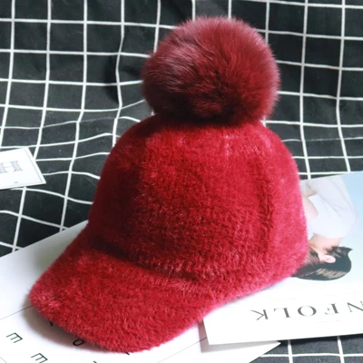 Осень-зима женские винтажные норковые меховые бейсболки Gorro; теплый лыжный бейсболка для девочки с имитацией лисьего меха помпоном Новинка - Цвет: Wine