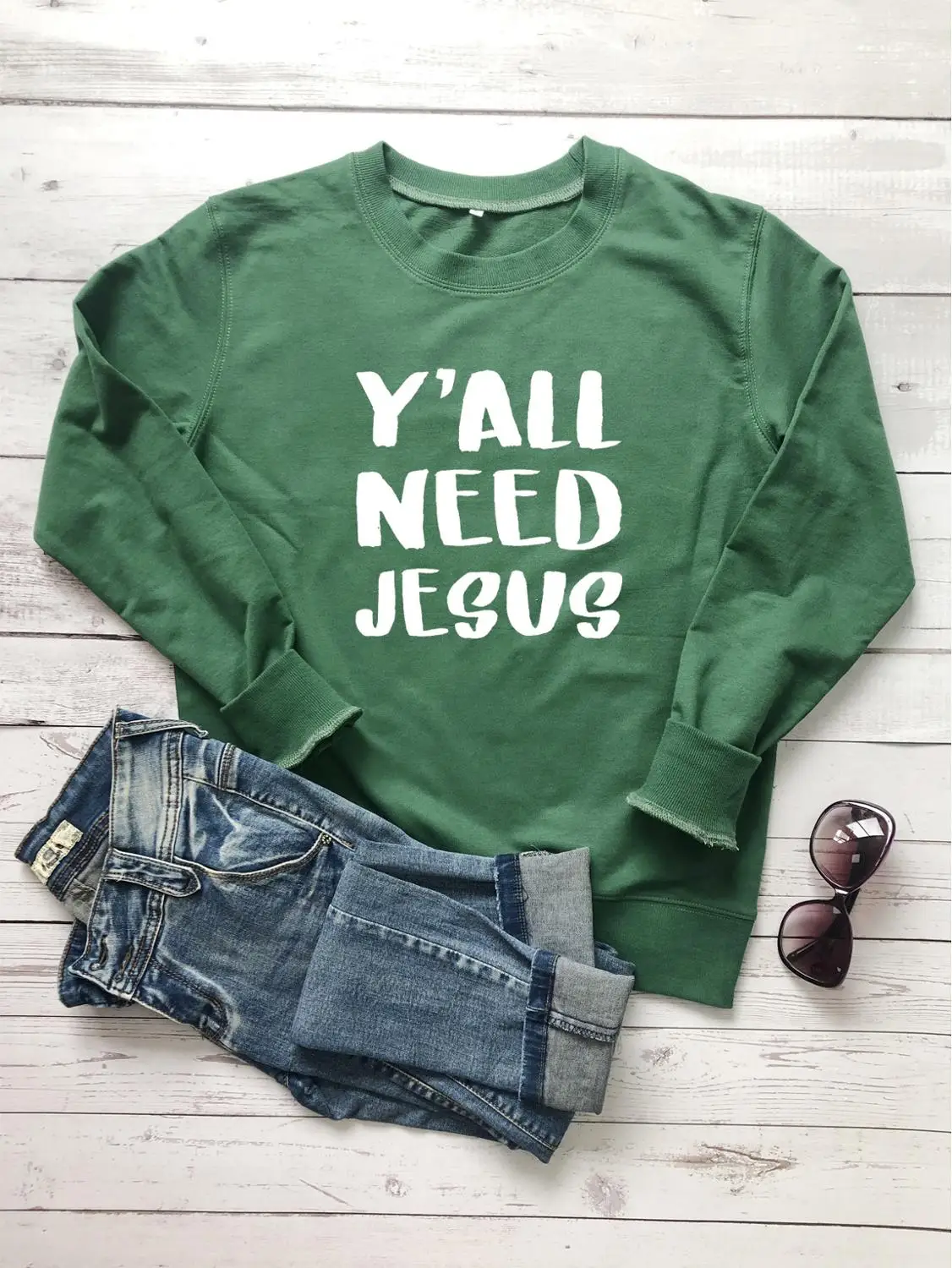 Y'all Need Jesus христианская Толстовка Библейская крещение церковная смешная лозунг религия Чистый хлопок пуловеры вера Топы Прямая - Цвет: Green-white txt