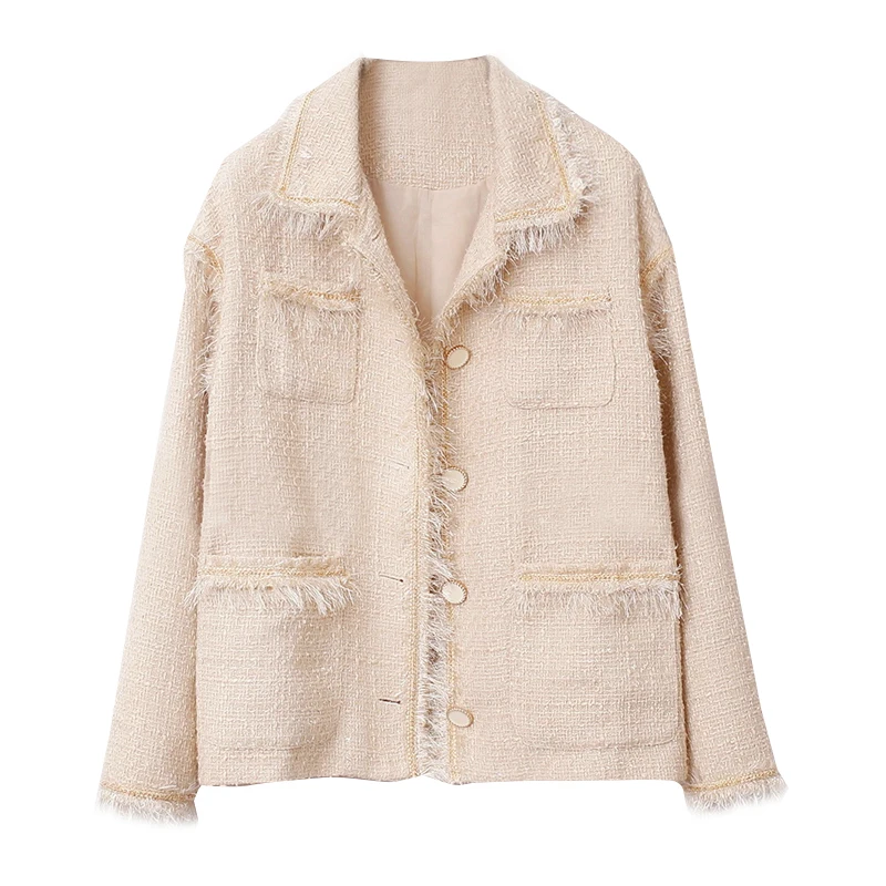 

PERHAPS U Women Apricot Tweed Short Jacket Turn Down Collar Pocket Button Tassel Cardigan Spring Autumn Small Fragrance C0231