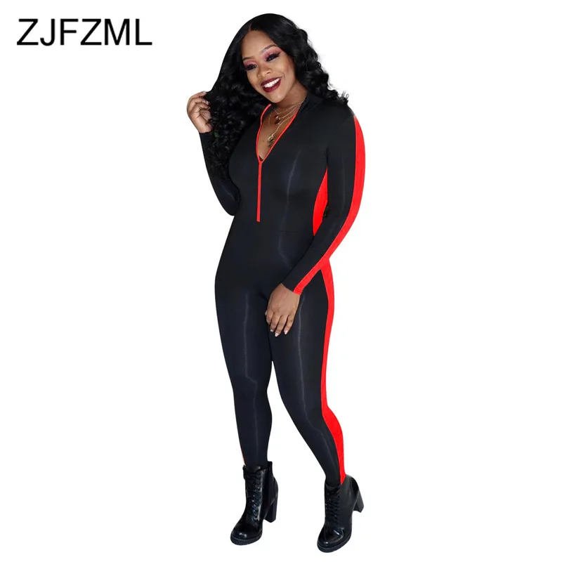

Color Block Spliced Sexy Skinny Jumpsuit Women Deep V Neck Full Sleeve Party Playsuit Streetwear Front Ziper Full Length Catsuit