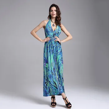 

Summer Casual Printed Empire Waist Women Beach Dress Halter Off Shoulder V Neck Sexy Slim Dress Fashion New 2020 Vestidos Largos