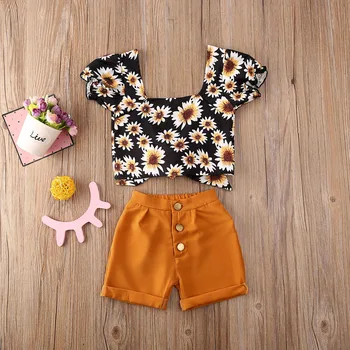 

2020 Summer baby girl clothes set Flower print short sleeve top square collar solid color pants summer outfit clothes