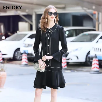 

New Korean Fashion Dress 2020 Spring Women Shine Star Embroidery Deco Long Sleeve Mid-Calf Length Sexy Black Mesh Dress Ladies