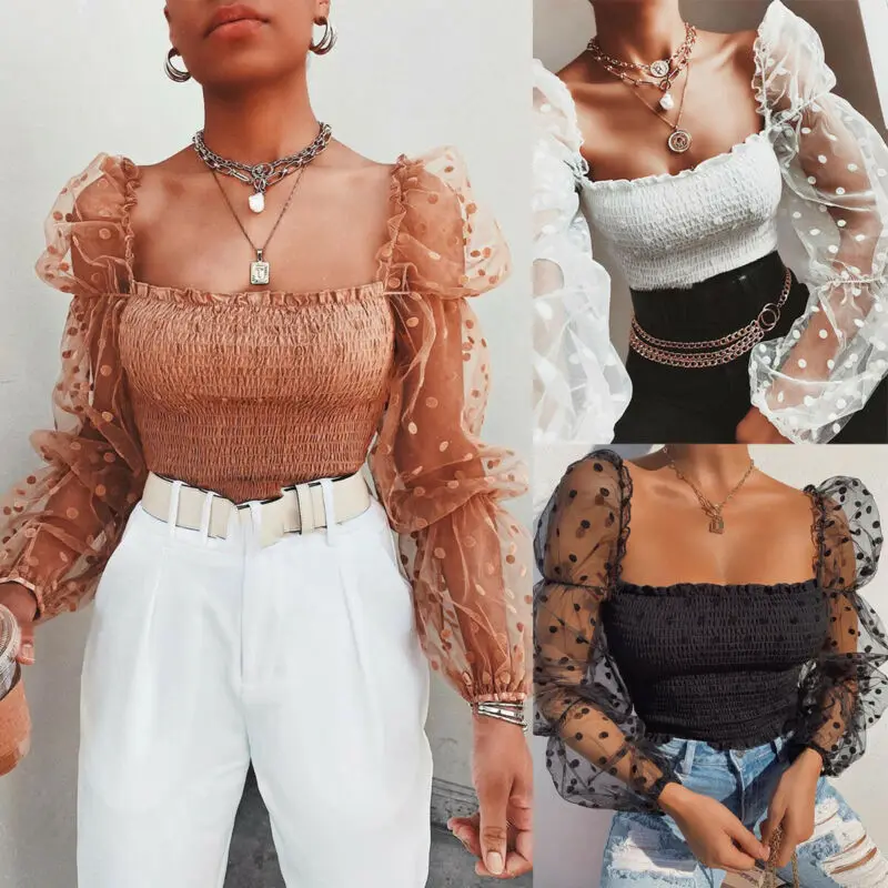 Sexy Women Wrinkled Backless Blouse Shirt Mesh Sheer Puff Sleeve Wrap Chest Tops 2020 Spring Summer Ladies Dots Blouse 1
