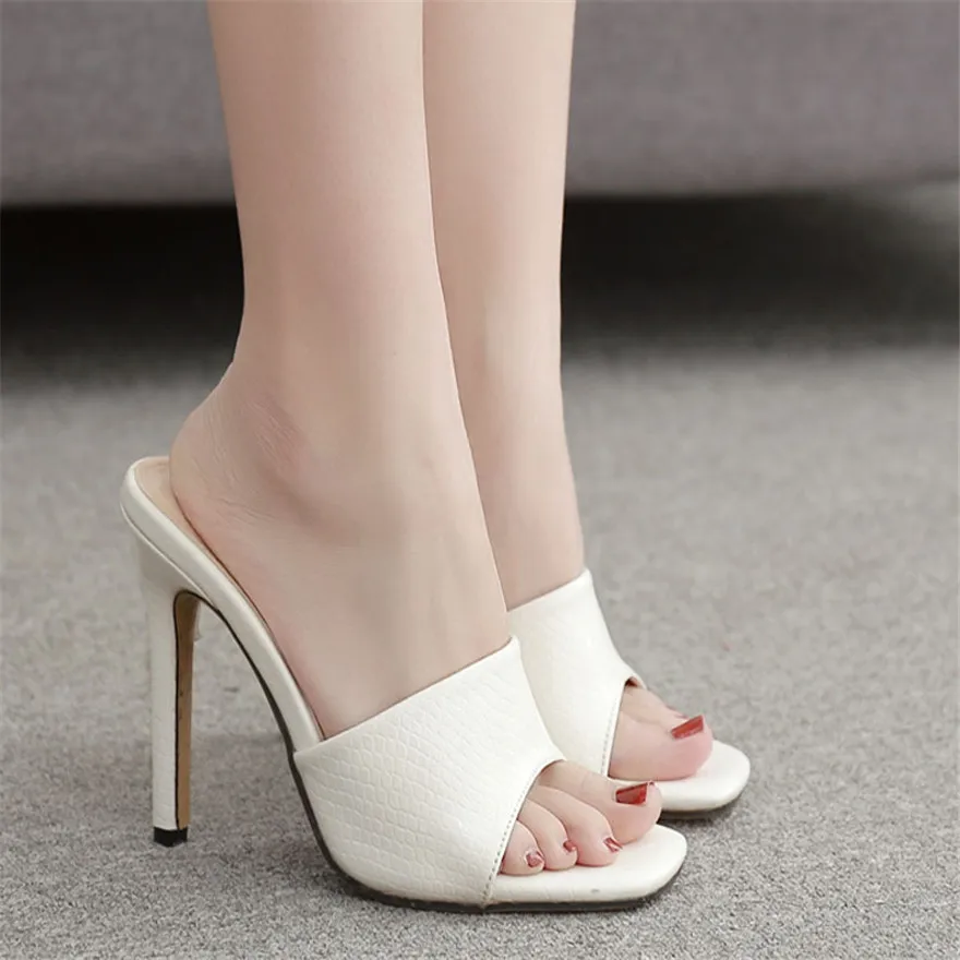 Crocodile Pattern Women Slippers Summer Open Toe Thin High Heels Slip On Ladies Party Dress Shoes Sandals 35-42