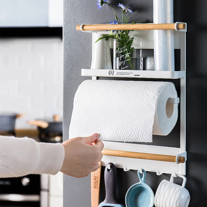 Japanese Iron Wooden Magnetic Storage Rack Three Layers Wall Shelf with Hooks Home Organizer For Refrigerator Towel | Дом и сад