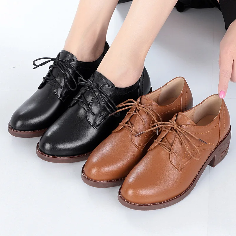 

19 Spring New Style Full Leather Women's Singles Leather Shoes Semi-high Heeled Waterproof Platform England Trendy Shoes Boots P