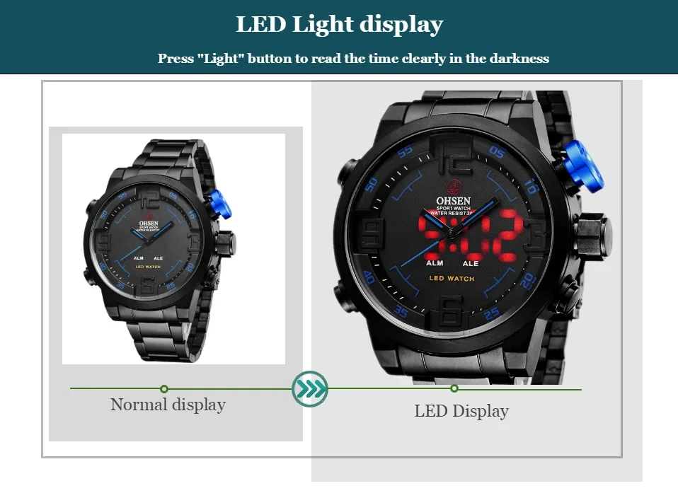 OHSEN Dual time Men Quartz Wristwatches Waterproof Black Military man Watch Fashion Sport Digital LED Clocks relogio masculino