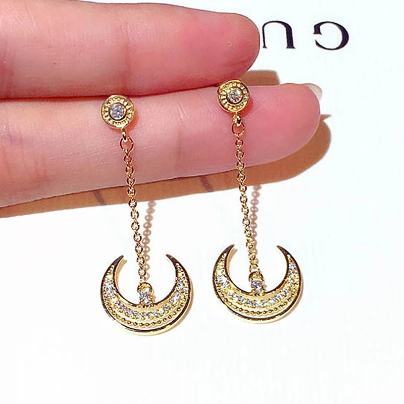 Luxury Elegant Shine Rhinestone Moon Earring for Women Feminia AAA Cubic Zirconia Drop Earrings Fine Jewelry Pendant Gift