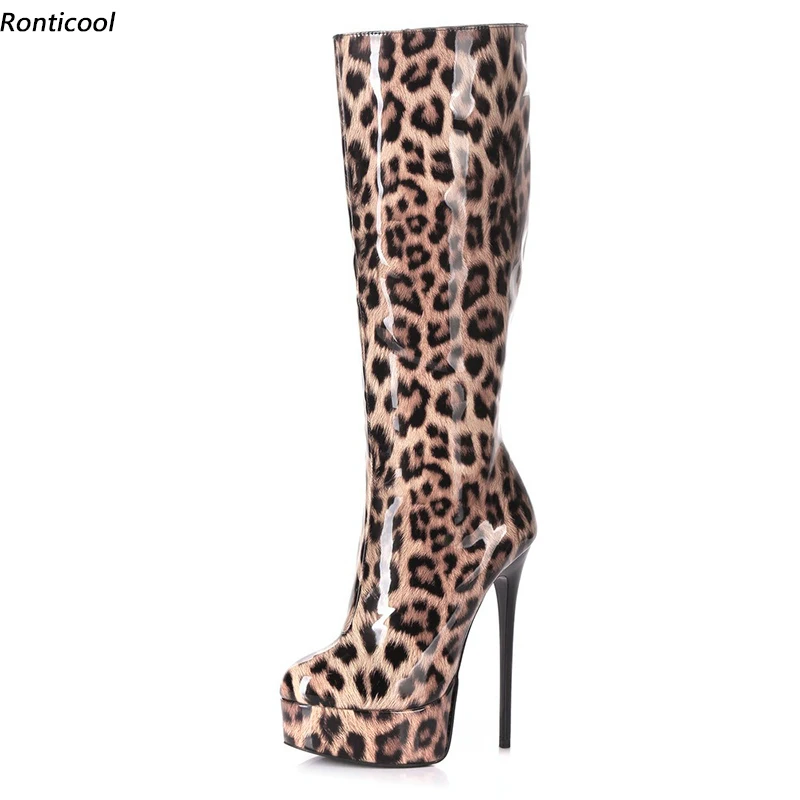 

Ronticool Women Winter Knee High Boots Side Zipper Stiletto High Heels Round Toe 3 Colors Leopard Party Shoes Plus US Size 5-20