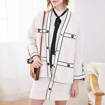 

Women coat White woven tweed small fragrance loose V-neck coat top