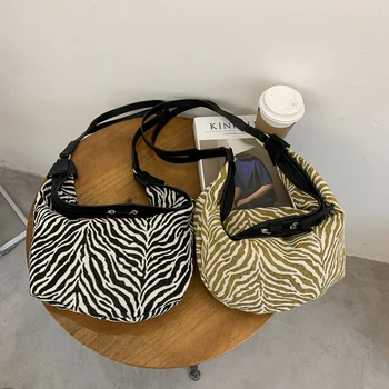 

Canvas Zebra Printed Shoulder Dumplings Bag Women Casual Crossbody Pouch for Ladies