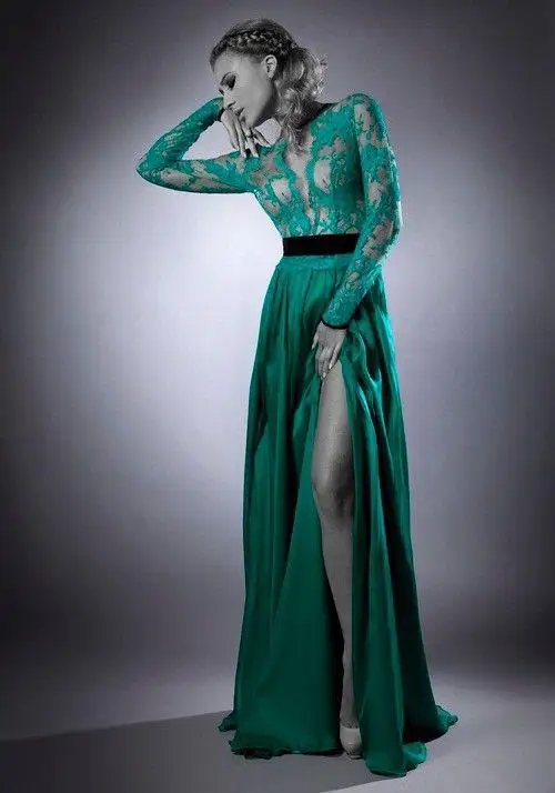 Летнее платье вечернее платье vestido de festa новое модное сексуальное зеленое кружевное вечернее платье с открытой спиной и длинным рукавом - Цвет: Зеленый