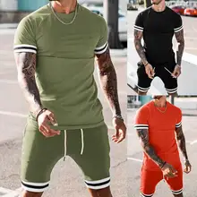 

50% Hot Sales!!! Men Tracksuit Set Contrast Color Patchwork Summer Short Sleeve T-shirt Drawstring Shorts for Fitness