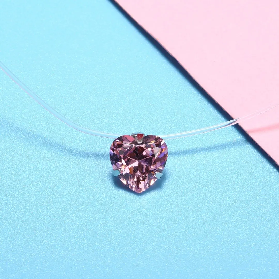 Fashion Elegant Crystal Heart Shaped Pendant Necklace Fishing Line Invisible Clavicle Chain Women's Necklace Simple Jewelry Gift