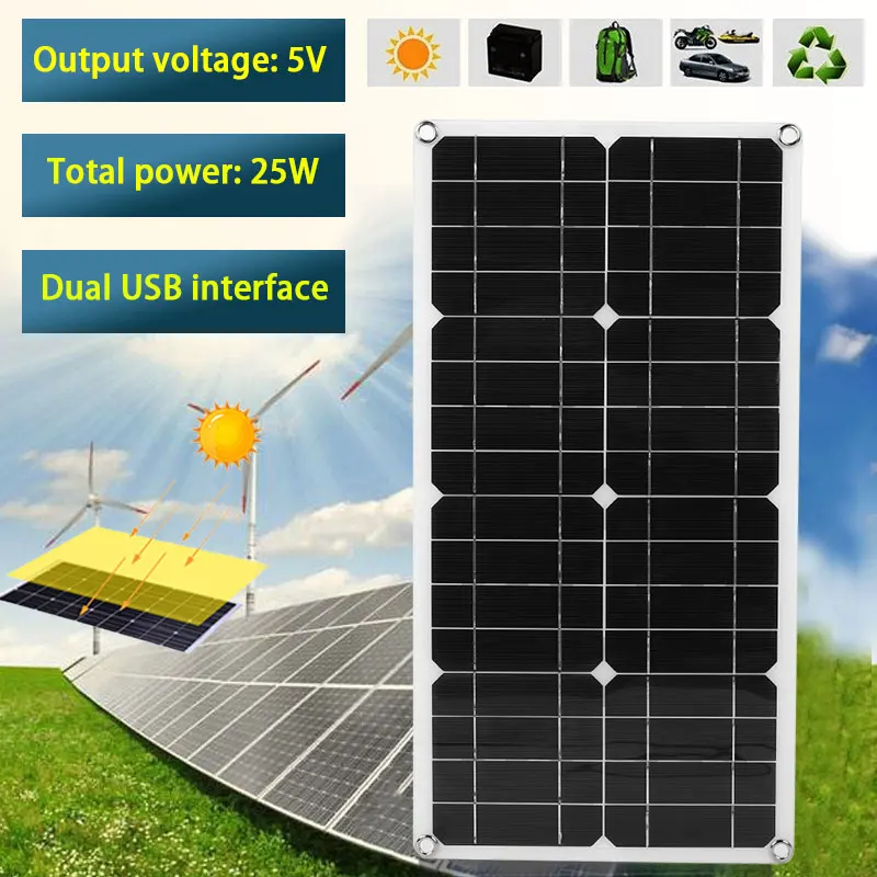 

25W Solar Panel & Solar System & emergency power supply with Single-Crystal Silicon Dual USB Battery Charge for outdoor & home