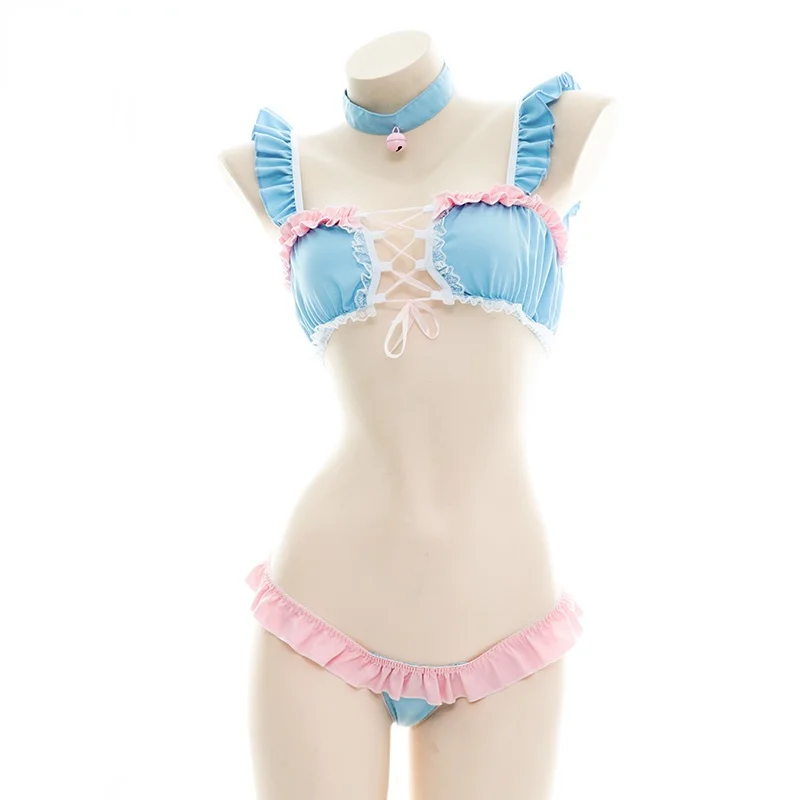 

Sexy Cute Anime Cosplay Halloween Costumes for Women Girls Lolita Fairy Bikini Bra and Panty Set Underwear Neck Ring Blue Pink