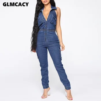

Women Vintage Casual Streetwear Cowboy Halter Sleeveless Open Back Turn Down Collar Button Pocket Summer Jumpsuits
