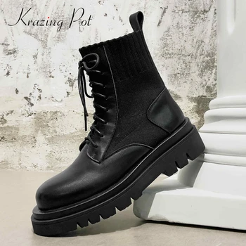 

Krazing Pot large size knitting boots real leather patchwork stretch all-match round toe high heel lace up cozy ankle boots L13