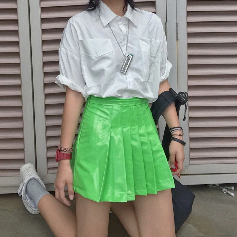 New Summer Skirts Women Harajuku Skirt Vintage Pu Skirts Loose High Waist Skirts Fashion Leather Skirts Casual Zip Skirts Female