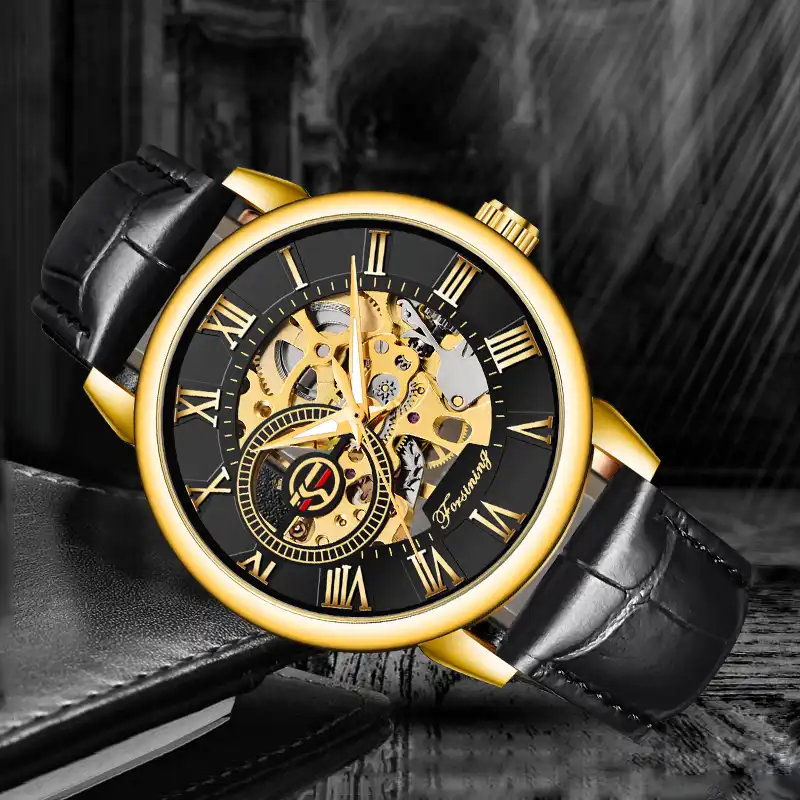 forsining 3d logo design hollow engraving black gold case leather skeleton mechanical watches men luxury brand heren horloge